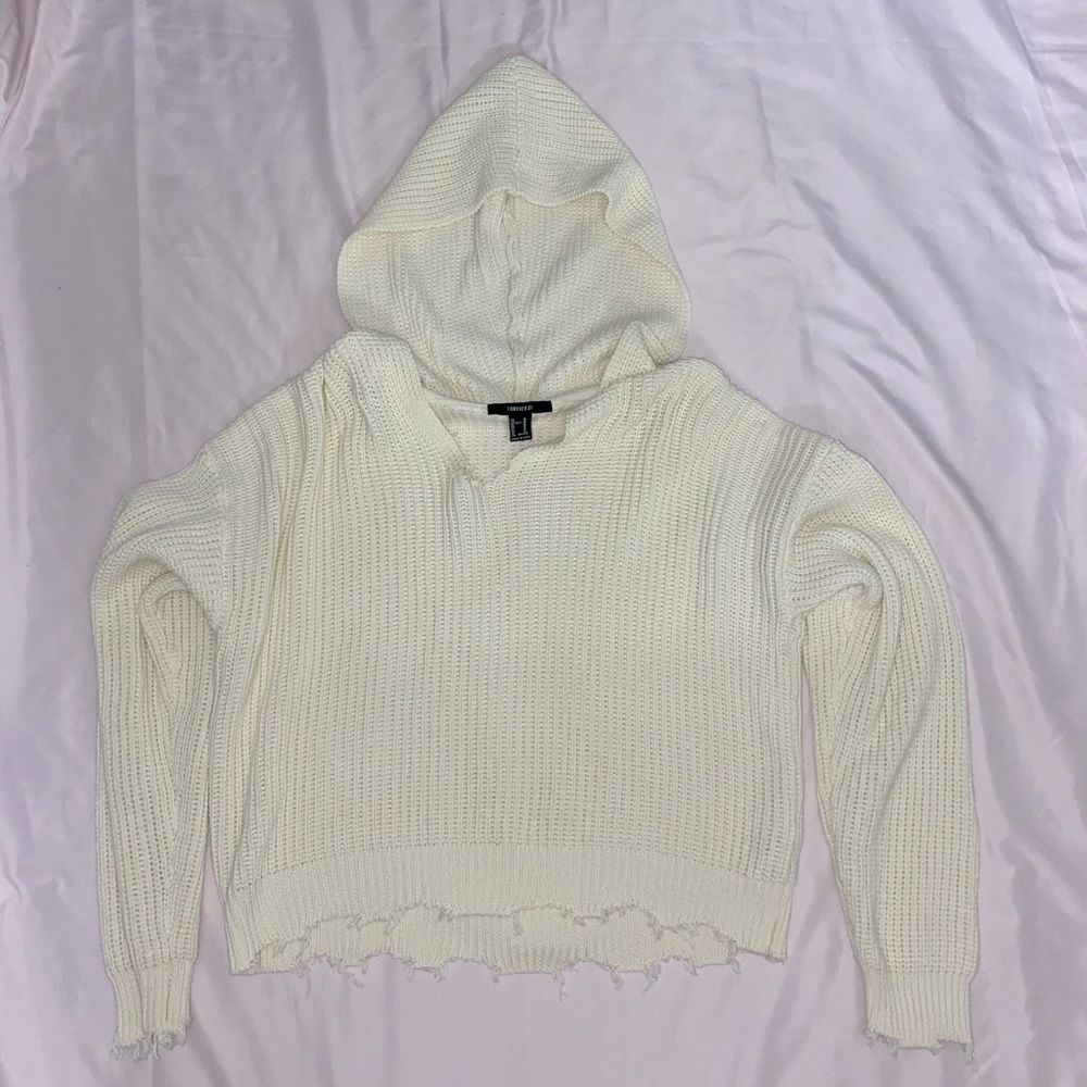 white distressed knitted crop sweater with hood